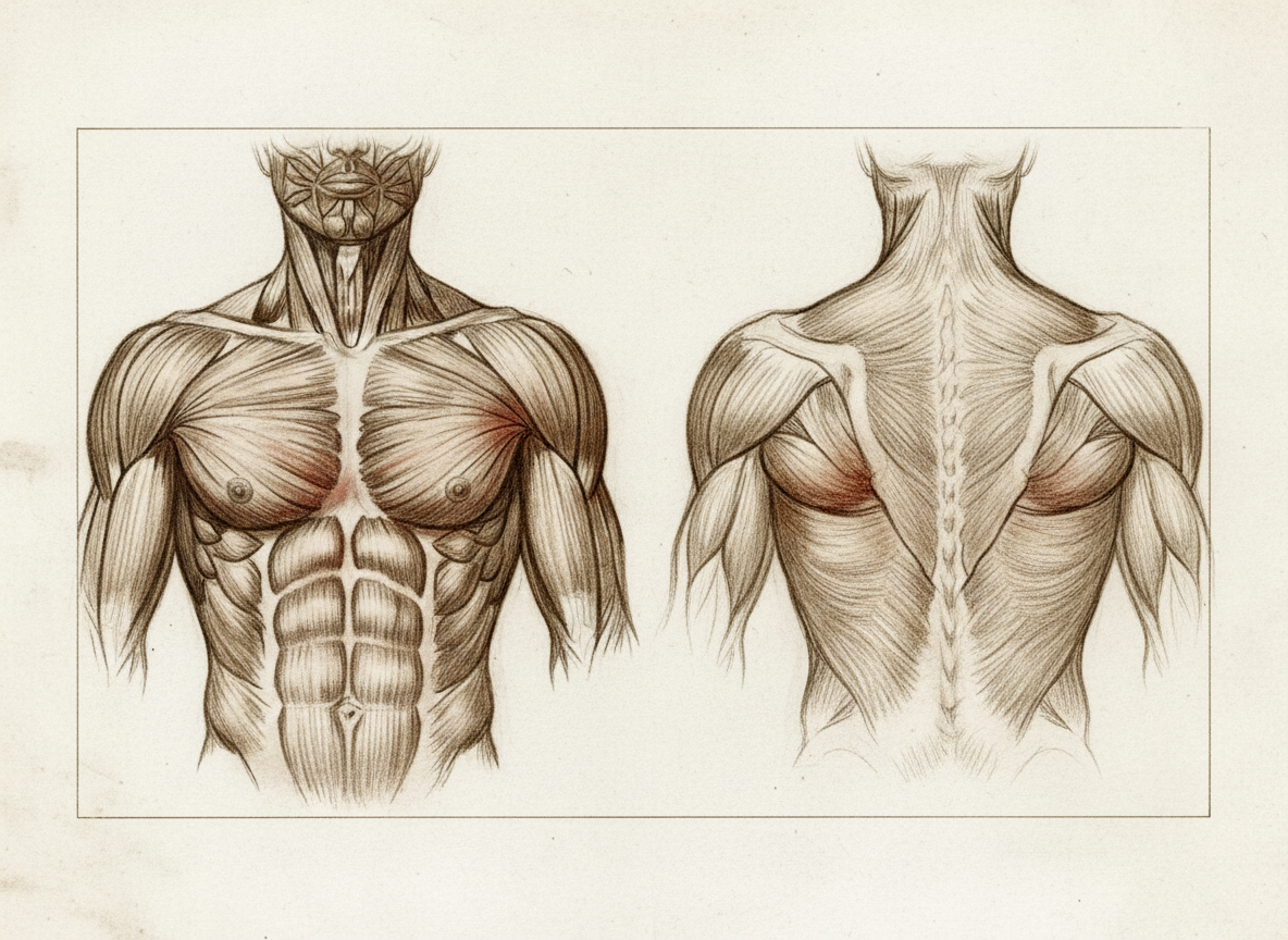 anatomy of the upper body highlighting chest shoulders and arms - bodyweight upper body strength training