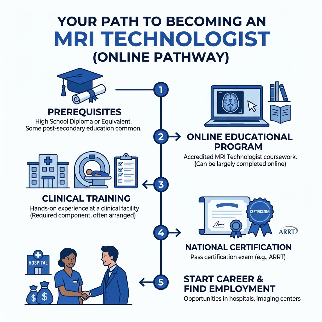 Step-by-step path to becoming an MRI technologist from prerequisites to certification - entry level online mri infographic Step-by-step path to becoming an MRI technologist from prerequisites to certification - entry level online mri infographic