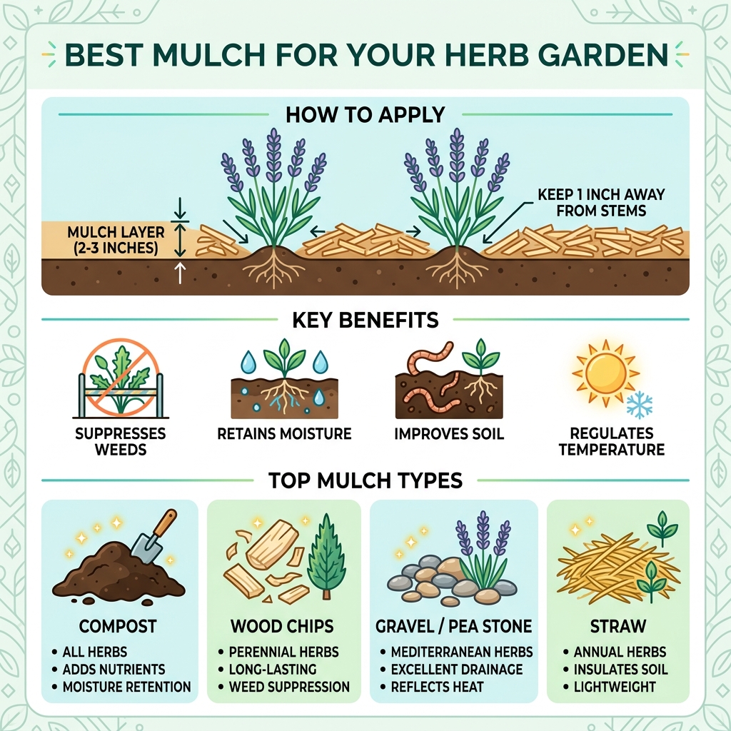 Infographic showing best mulch types for herb gardens, application depth, and benefits - mulch for herb garden infographic 