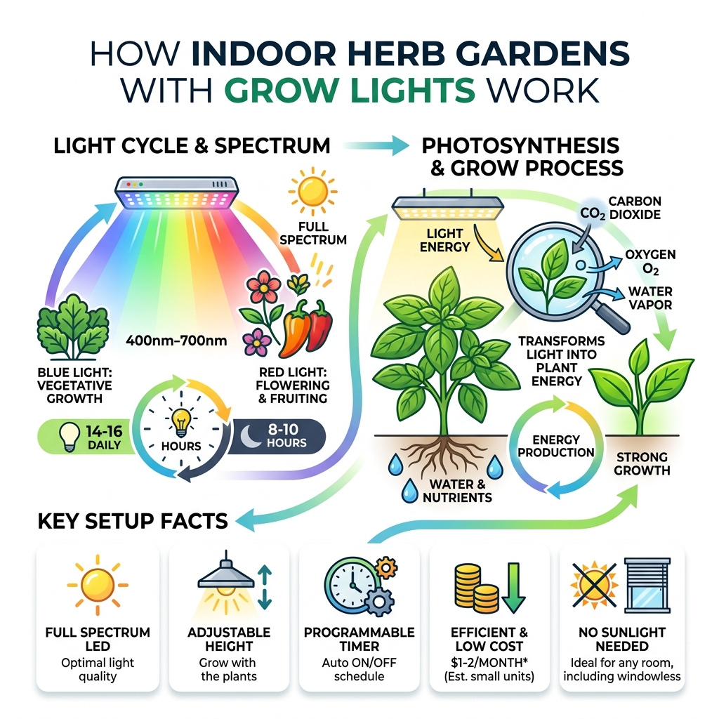 How indoor herb gardens with grow lights work - infographic showing light cycle, photosynthesis, and key setup facts