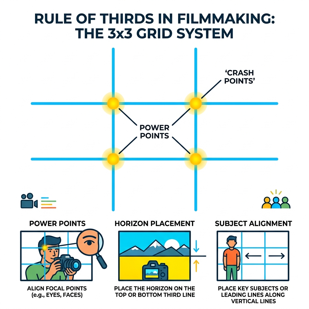 Rule of thirds 3x3 grid system showing power points, horizon placement, and subject alignment in filmmaking - rule of thirds Rule of thirds 3x3 grid system showing power points, horizon placement, and subject alignment in filmmaking - rule of thirds