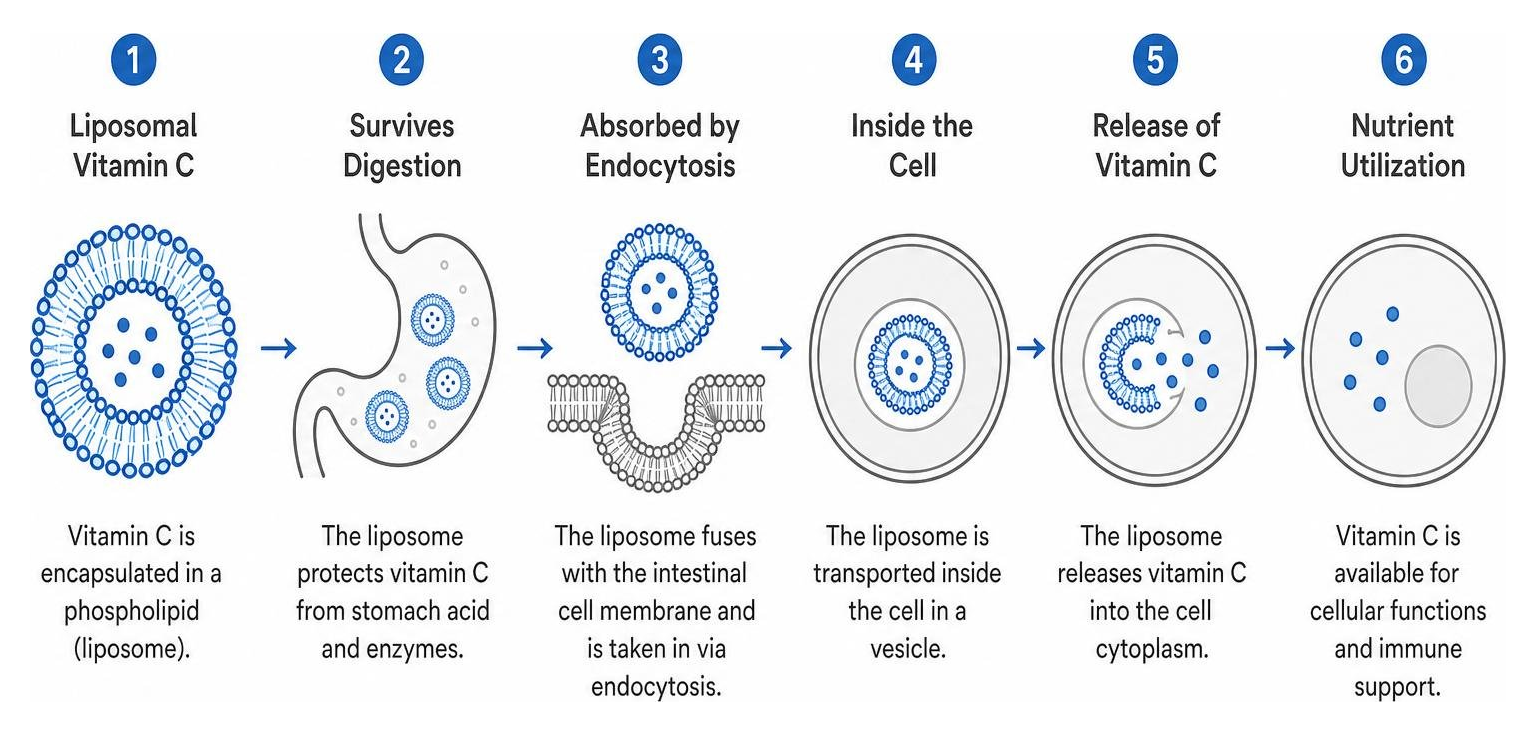 Diagram of liposomal nutrient delivery process into a cell