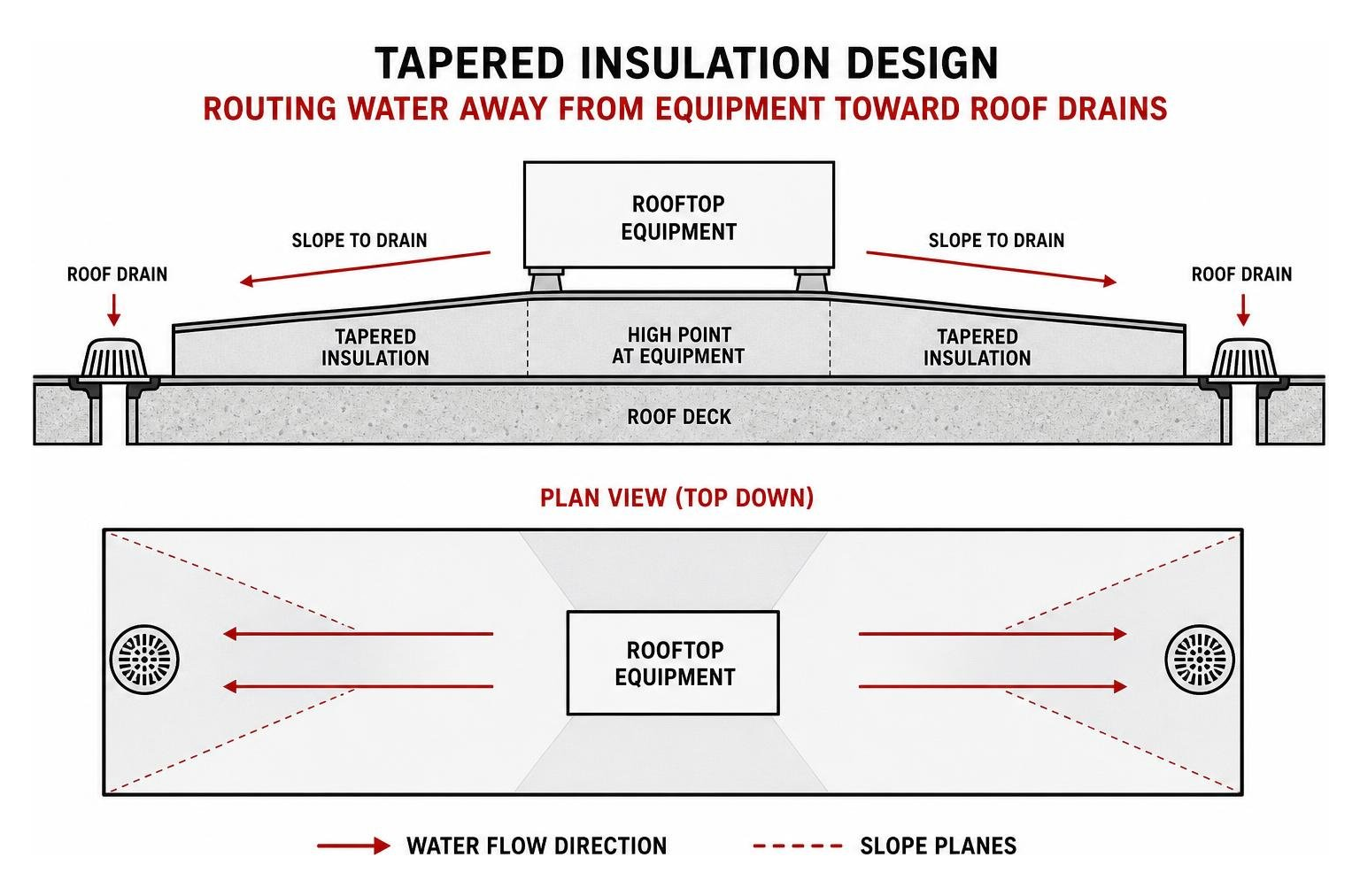 Diagram of tapered insulation design routing water away from equipment toward roof drains Diagram of tapered insulation design routing water away from equipment toward roof drains