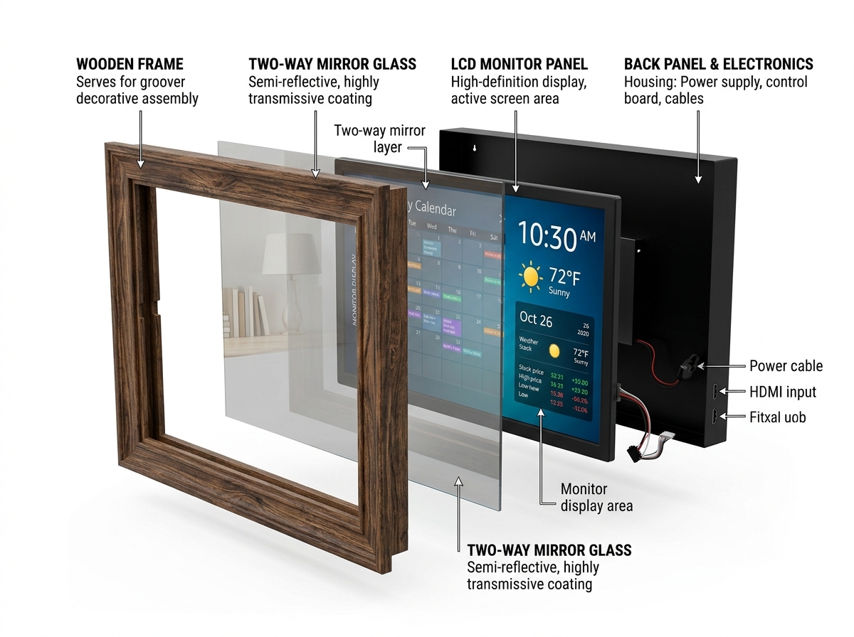 Exploded view showing the layers of a magic mirror: frame, two-way glass, and the monitor panel - magic mirror monitor Exploded view showing the layers of a magic mirror: frame, two-way glass, and the monitor panel - magic mirror monitor