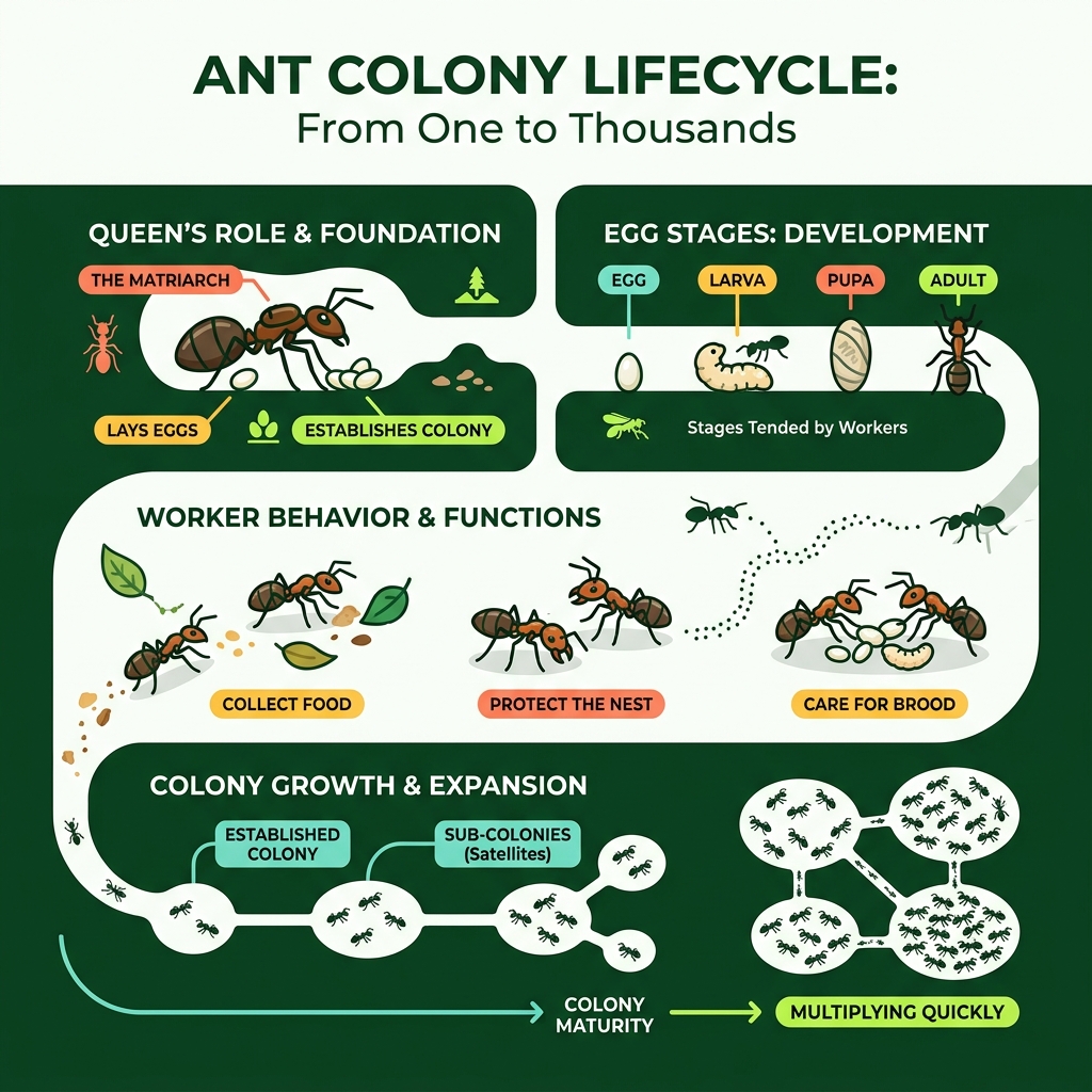 Ant colony lifecycle infographic showing queen role, egg stages, worker behavior, and colony growth - Local ant exterminator