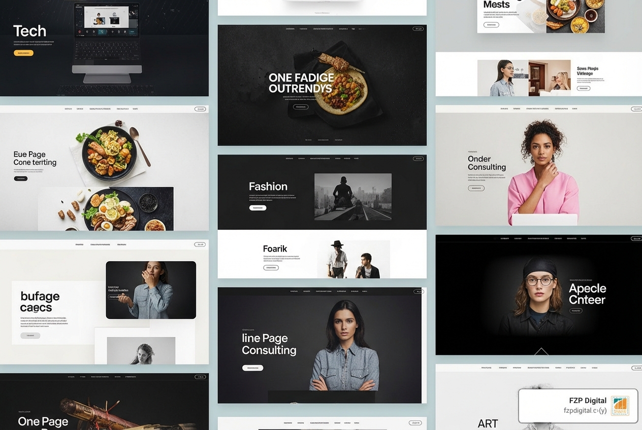Collage of various Divi one-page website examples showing different styles and industries - divi one page website examples Collage of various Divi one-page website examples showing different styles and industries - divi one page website examples