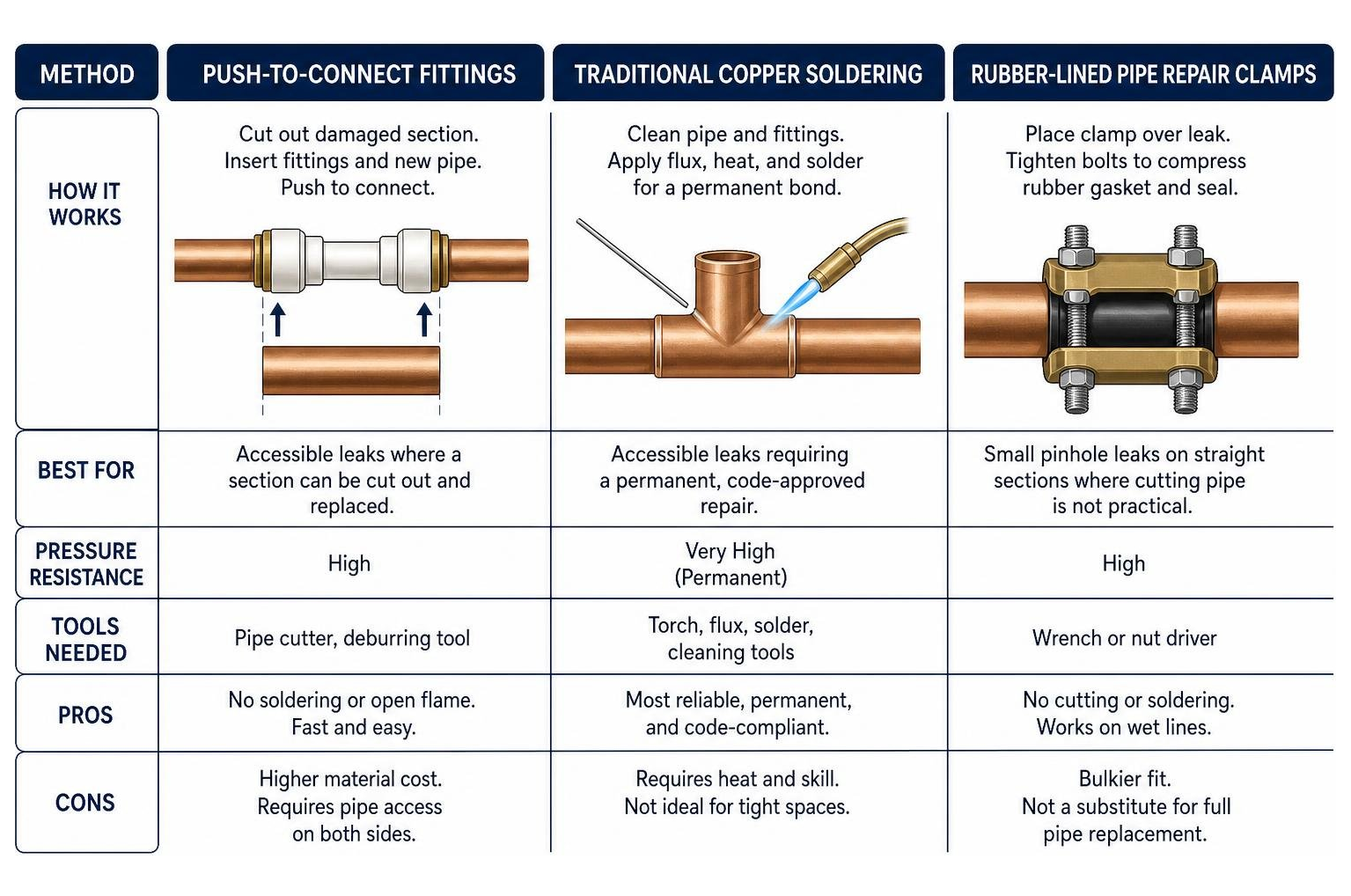 Diagram comparing mechanical repair methods for copper pipes Diagram comparing mechanical repair methods for copper pipes