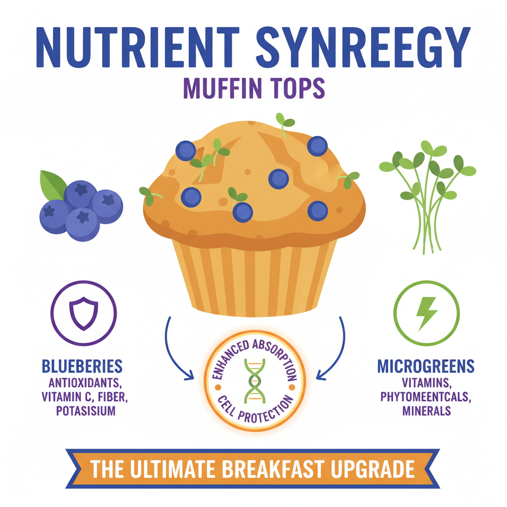 infographic showing antioxidant and nutrient synergy between blueberries and microgreens in muffin tops - microgreens