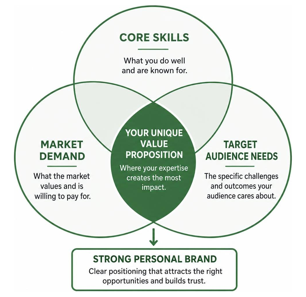 Diagram of personal brand overlap between core skills, market demand, and target audience needs Diagram of personal brand overlap between core skills, market demand, and target audience needs