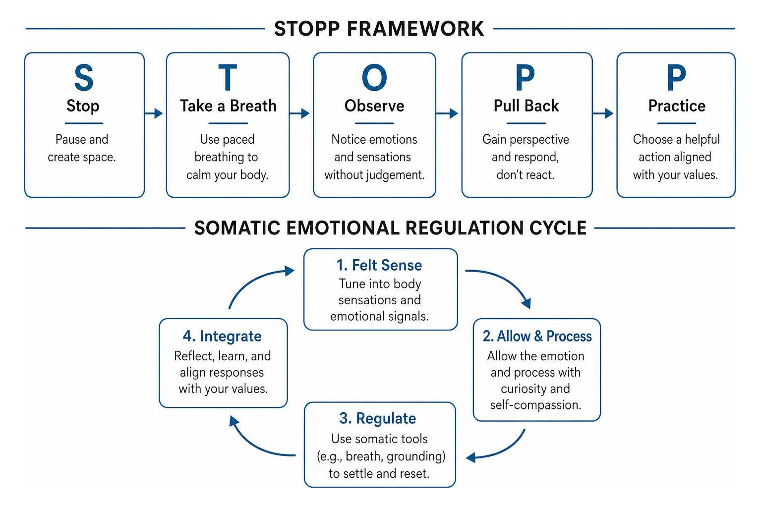Diagram of the STOPP framework and somatic emotional regulation cycle Diagram of the STOPP framework and somatic emotional regulation cycle