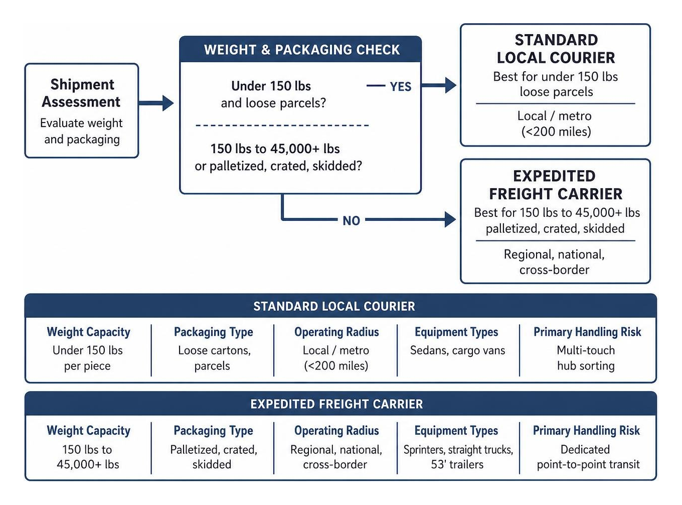 Decision path comparing courier limits to expedited freight capacity Decision path comparing courier limits to expedited freight capacity