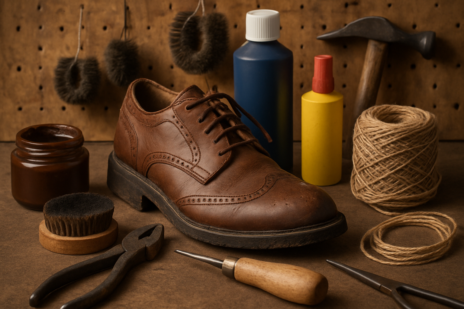 cobbler workbench with organized shoe repair tools - shoe repair shop supplies