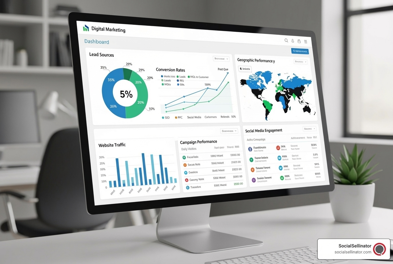 A professional dashboard displays various digital marketing metrics, including lead sources (SEO, PPC, Social Media), conversion rates, and geographic performance, illustrating comprehensive lead tracking and analysis. - plumbing lead generation firm