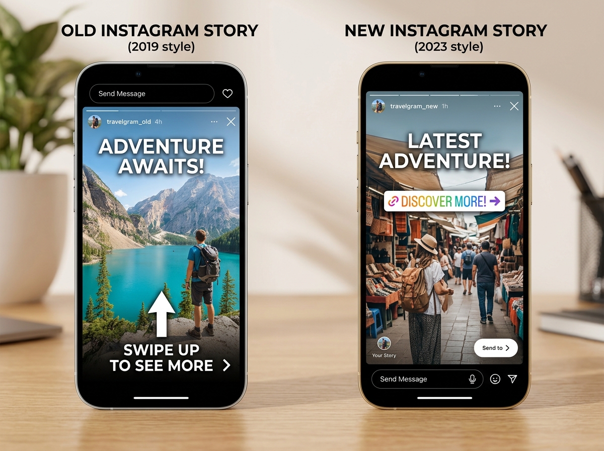 Comparison image showing the old swipe up gesture at the bottom versus the new floating Link Sticker - instagram stories