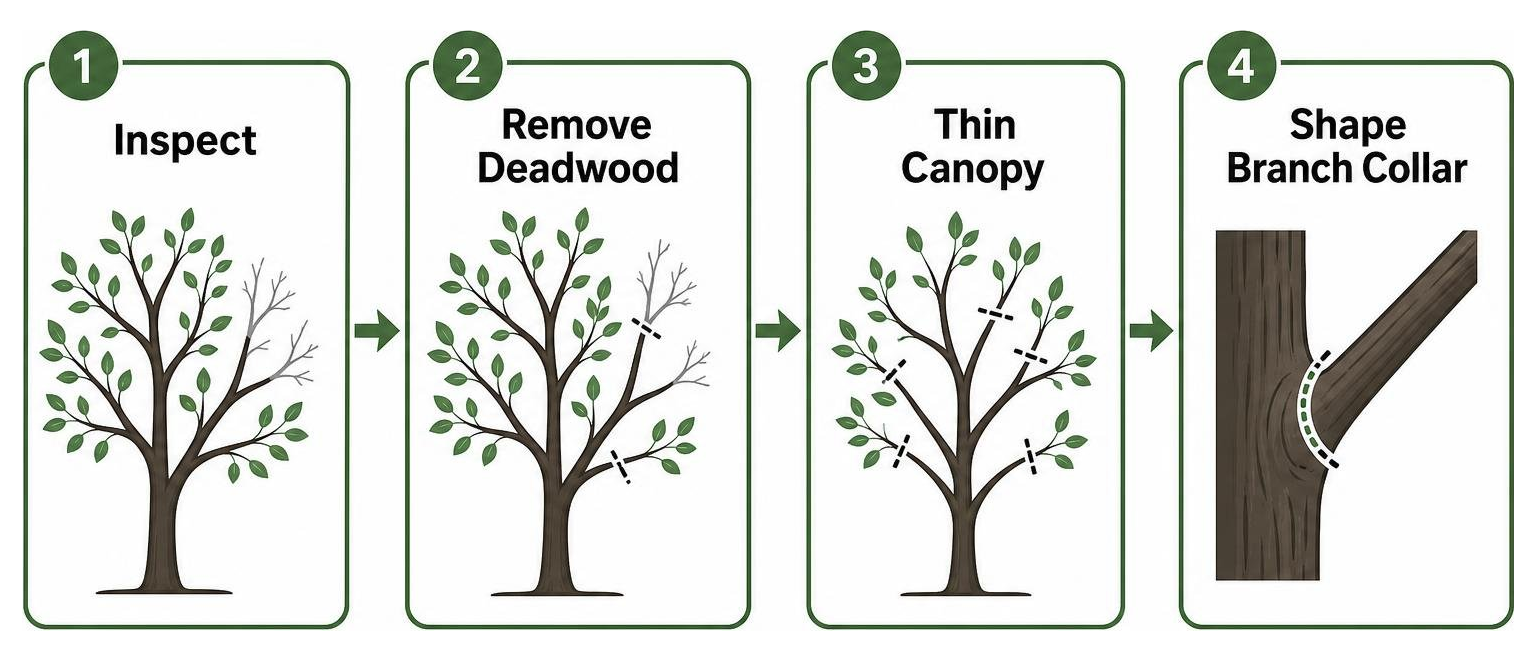 Proper tree pruning sequence: inspect, remove deadwood, thin canopy, shape branch collar