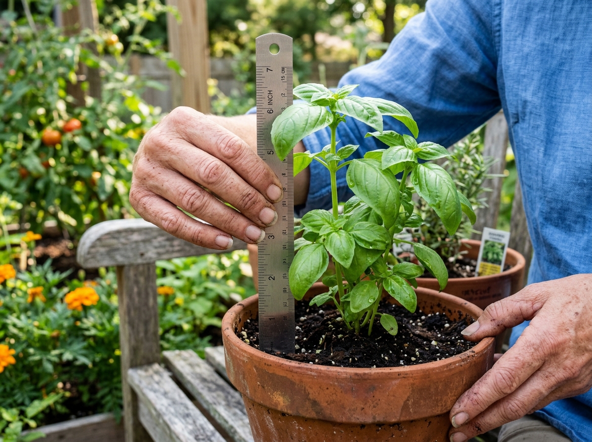 Measuring a basil plant with a ruler to ensure it has reached the 6-inch milestone before the first harvest - what is the