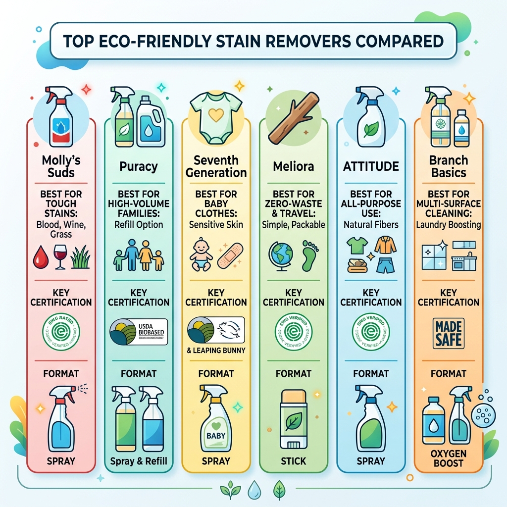 Top eco friendly stain removers compared by stain type, certification, and format - eco friendly stain remover infographic 