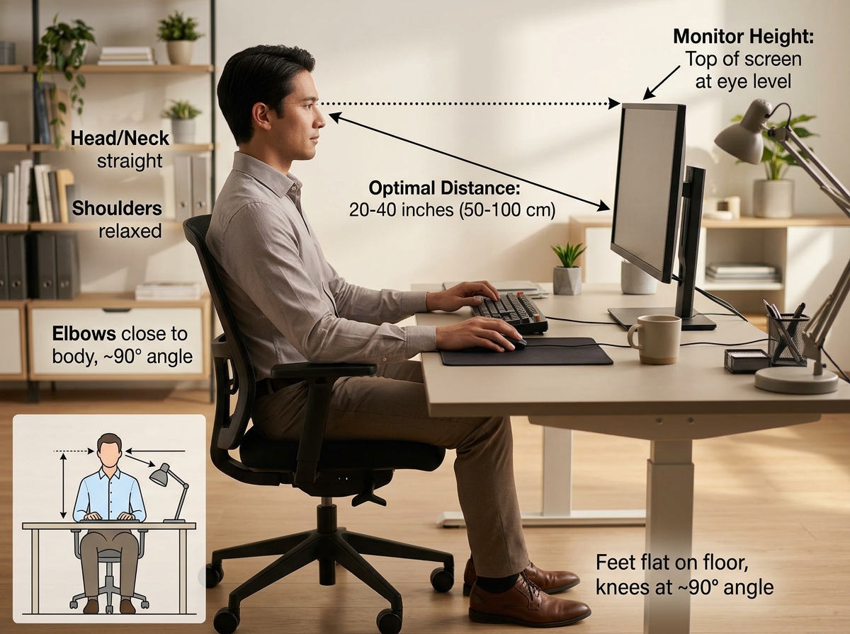Diagram showing correct monitor height and distance for a healthy desk setup - healthy desk setup