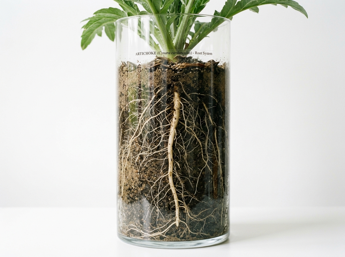 Artichoke root system in a clear container showing deep vertical growth - balcony planters for artichokes