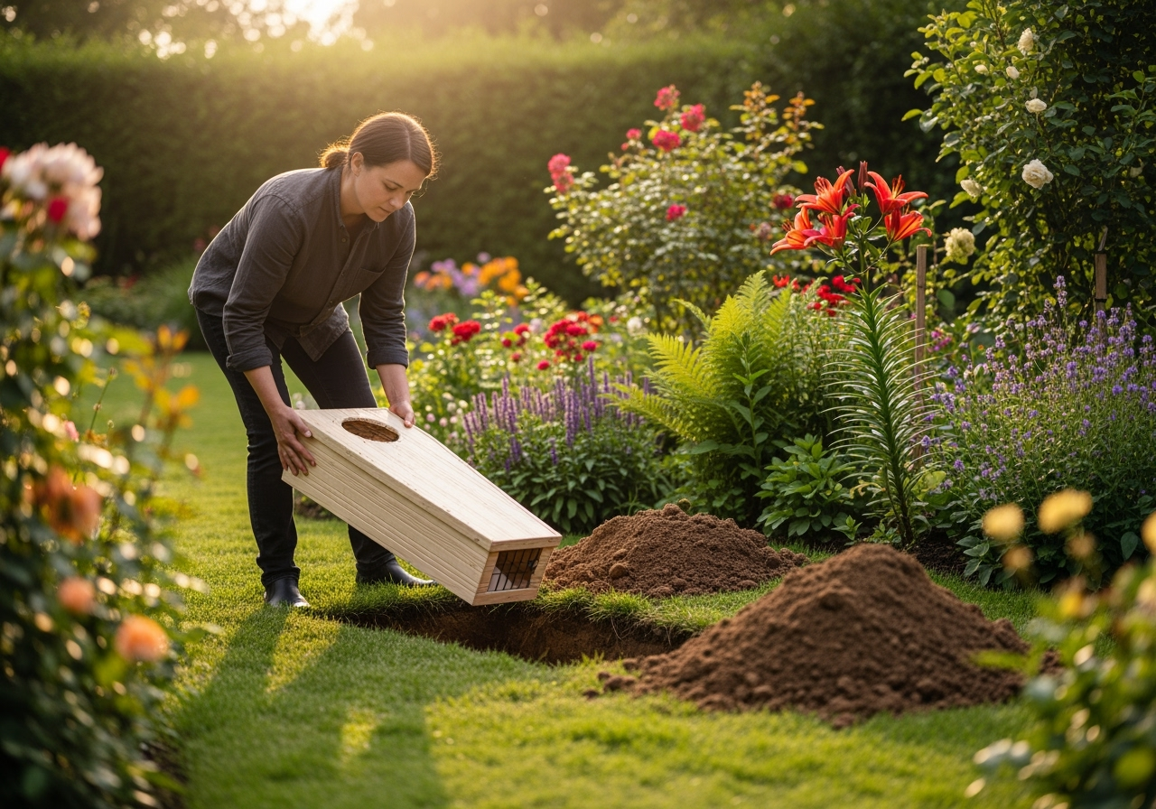 person carefully placing a small, biodegradable casket into a prepared grave in a garden setting - pet burial near me