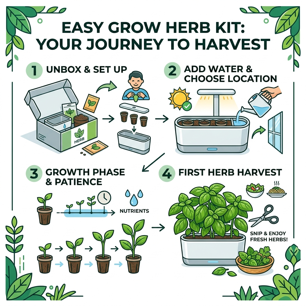 4-step infographic from unboxing to first herb harvest for beginner indoor herb garden kits - easy grow herb kit infographic 4-step infographic from unboxing to first herb harvest for beginner indoor herb garden kits - easy grow herb kit infographic