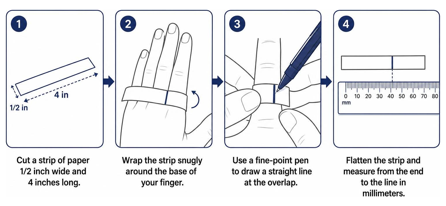 DIY paper strip measurement method showing tight wrap and pen mark DIY paper strip measurement method showing tight wrap and pen mark