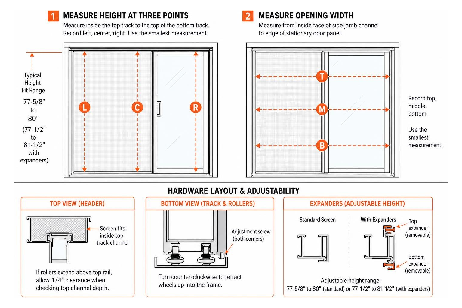 Measuring points and hardware layout of a sliding patio screen door