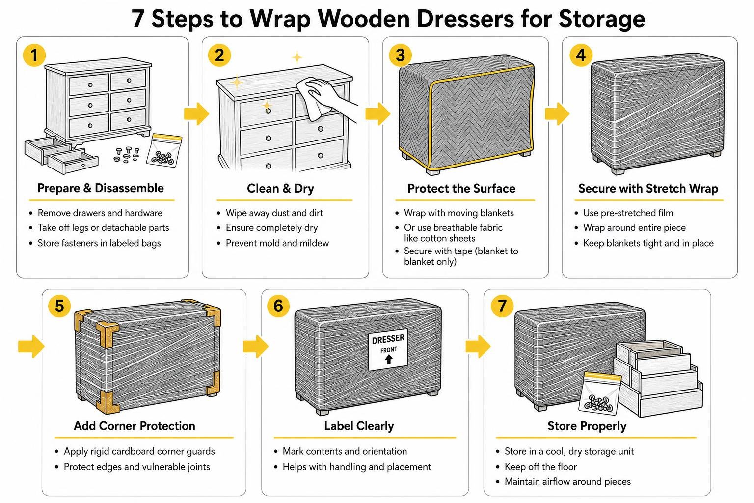Step-by-step furniture preparation and wrapping process for wooden dressers Step-by-step furniture preparation and wrapping process for wooden dressers