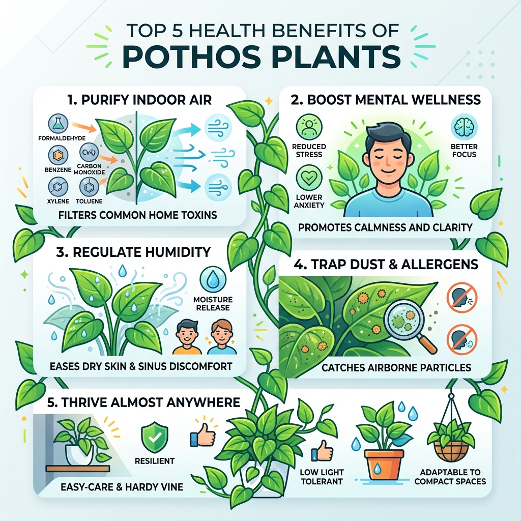 Top 5 health benefits of pothos plants infographic - pothos plant health benefits infographic 