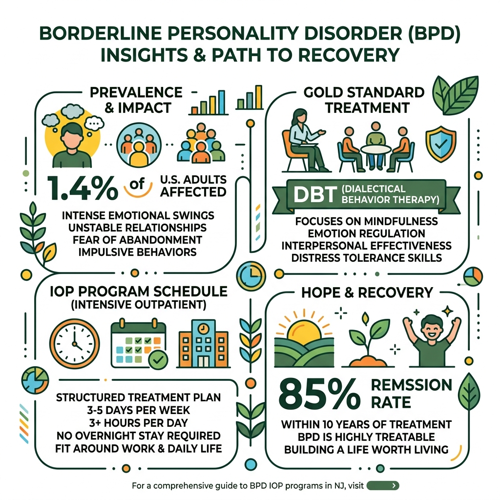 BPD statistics: 1.4% prevalence, 85% remission rate, DBT as gold standard, IOP schedule and key symptoms - Borderline