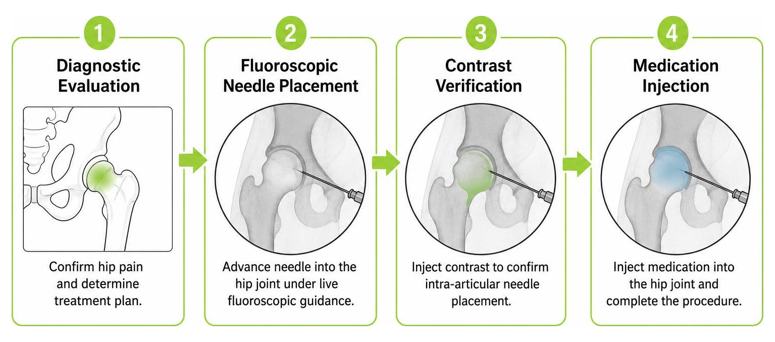 Diagram of image-guided hip joint injection delivery process Diagram of image-guided hip joint injection delivery process