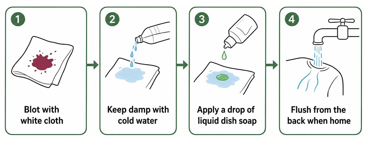 Diagram of emergency on-the-go steps: blot with white cloth, keep damp with cold water, apply a drop of liquid dish soap Diagram of emergency on-the-go steps: blot with white cloth, keep damp with cold water, apply a drop of liquid dish soap