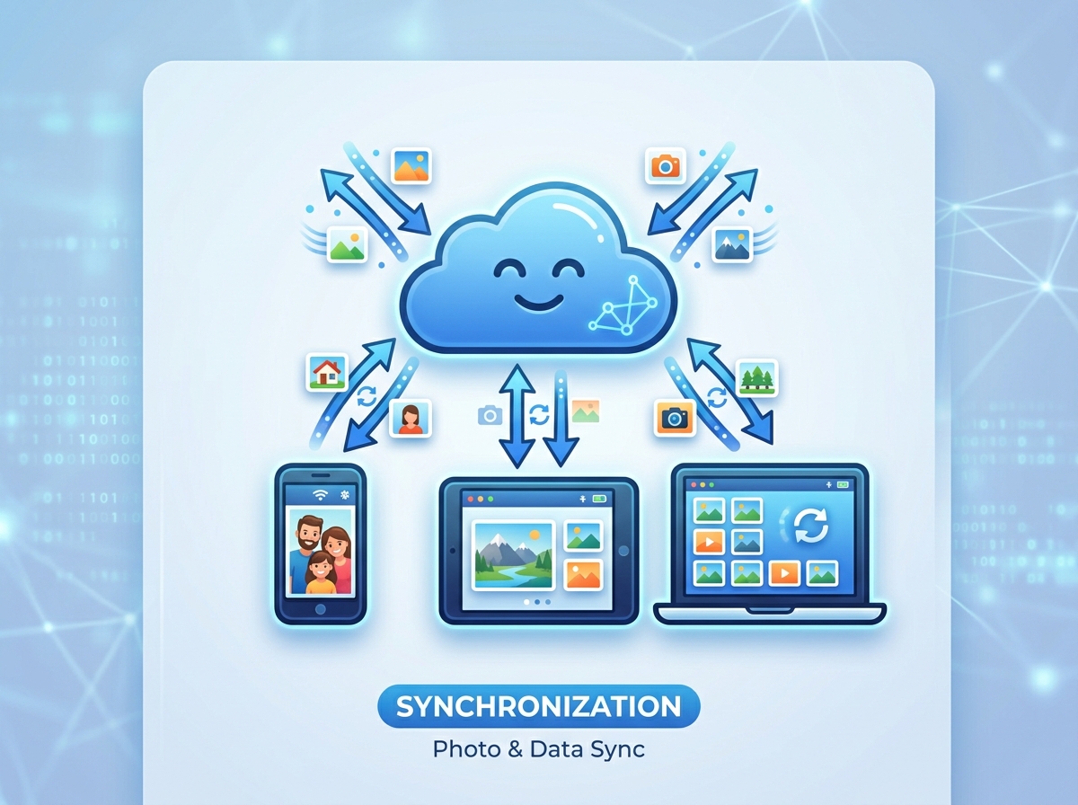 Cloud synchronization icon showing photos moving between devices - best storage app for photos