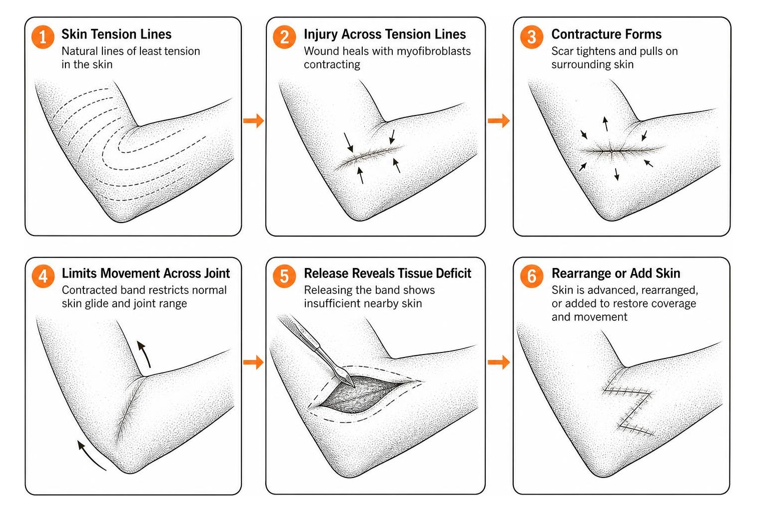diagram showing skin tension lines and contracture mechanics