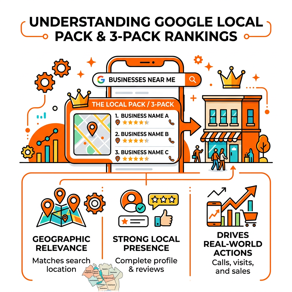 Google Local Pack and 3-Pack rankings - local SEO Queens infographic 