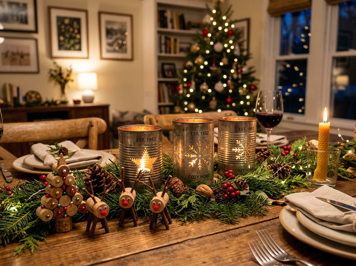 Tin can lanterns and wine cork ornaments on a festive table - recycled holiday decorations
