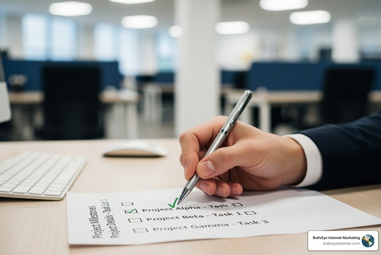 A checklist for evaluating a Google PPC management company - google ppc management company Hand checking off completed tasks on a project checklist in a modern office setting, illustrating effective project management and organization strategies relevant to Google PPC management.