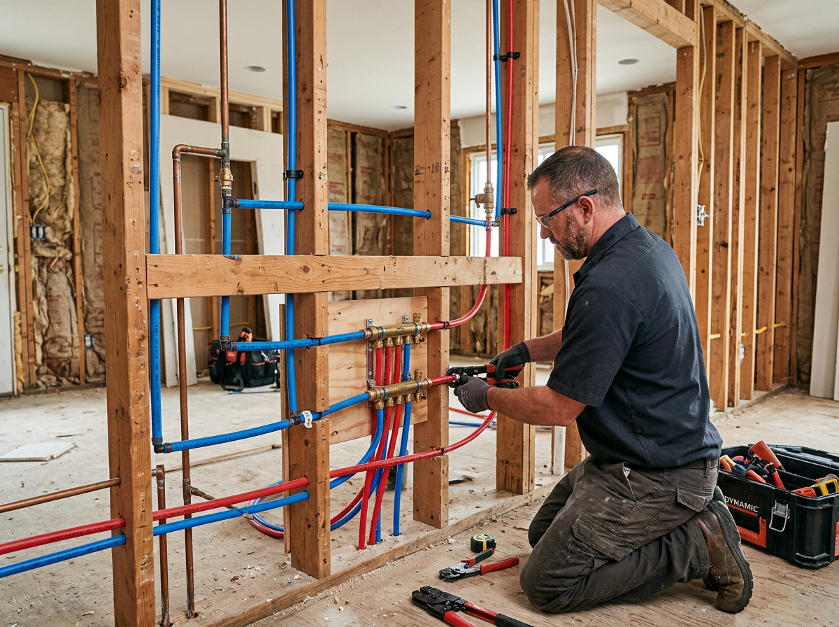 Professional whole-home repiping installation showing PEX lines routed through open drywall bays Professional whole-home repiping installation showing PEX lines routed through open drywall bays