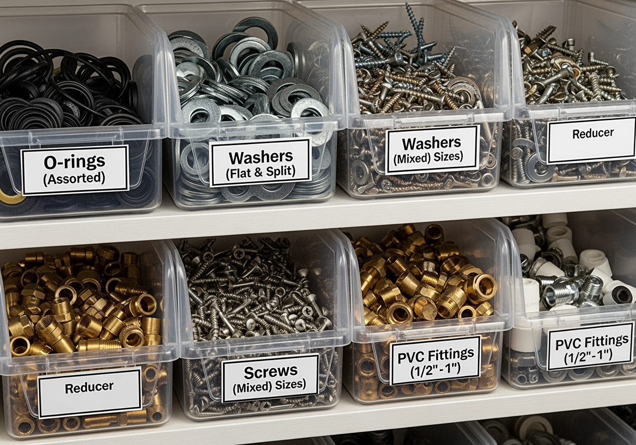 Well-labeled set of clear storage bins for small parts - Plumbing parts storage