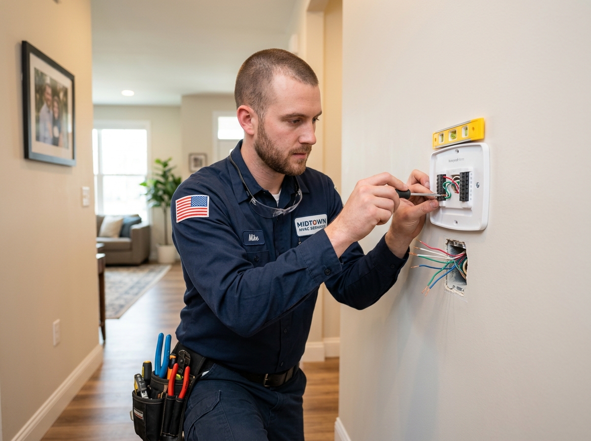 HVAC technician installing a thermostat wall plate and checking wiring connections - thermostat installation cost guide HVAC technician installing a thermostat wall plate and checking wiring connections - thermostat installation cost guide