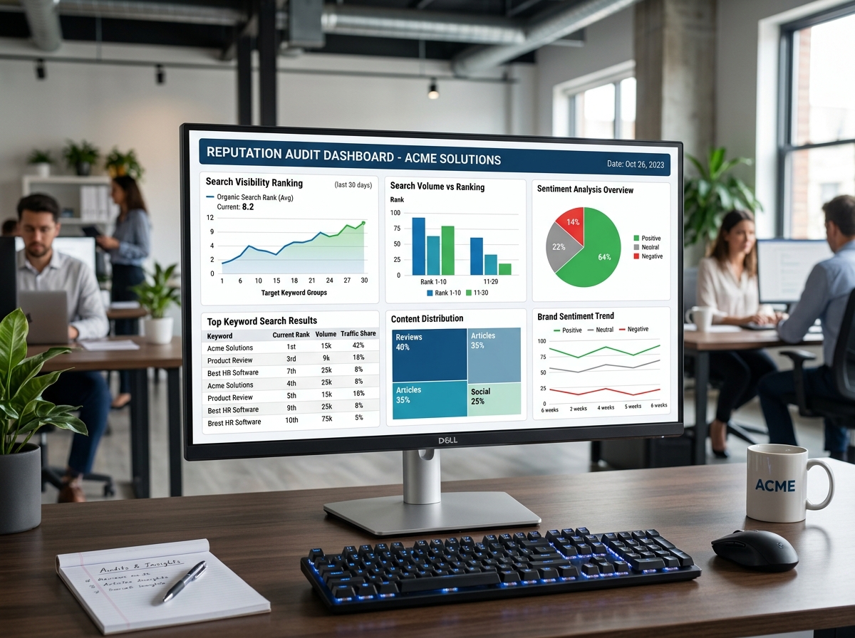 Professional reputation audit showing search visibility and sentiment - Delray Beach reputation management Reputation audit dashboard displaying search visibility ranking, keyword search results, content distribution, and sentiment analysis overview for ACME Solutions, with professionals collaborating in a modern office setting.