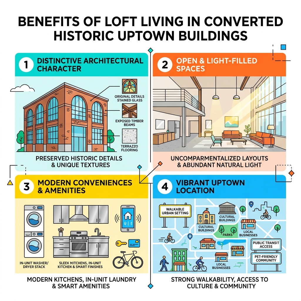 Infographic showing benefits of loft living in converted historic Uptown buildings - Lofts in Uptown infographic Infographic showing benefits of loft living in converted historic Uptown buildings - Lofts in Uptown infographic