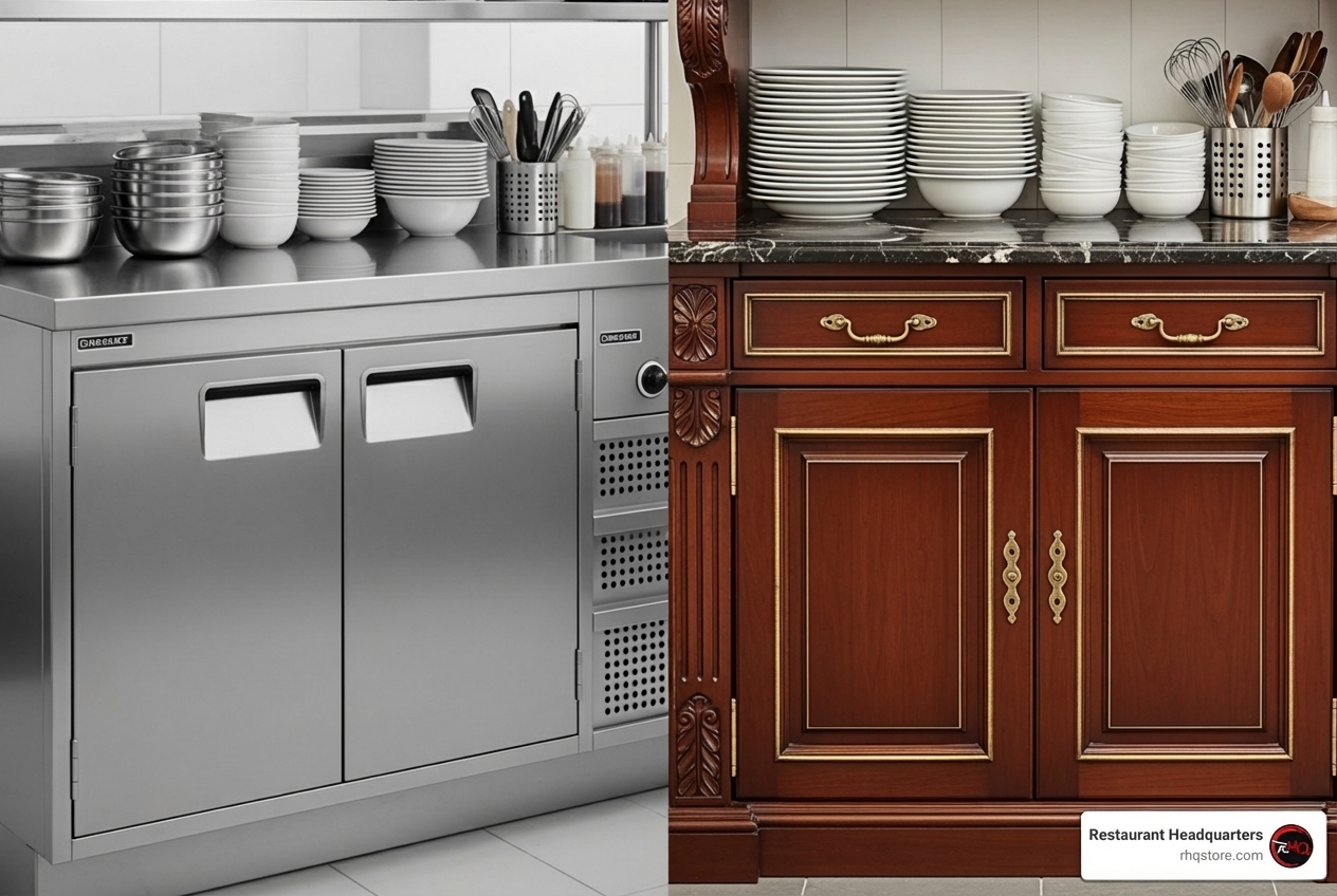 Image of normal commercial restaurant cabinets next to ornate, custom-built commercial restaurant cabinetry - casework Image of normal commercial restaurant cabinets next to ornate, custom-built commercial restaurant cabinetry - casework