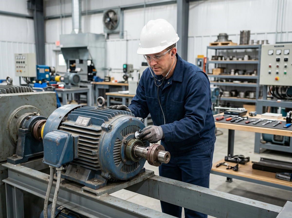 technician inspecting electric motor bearings