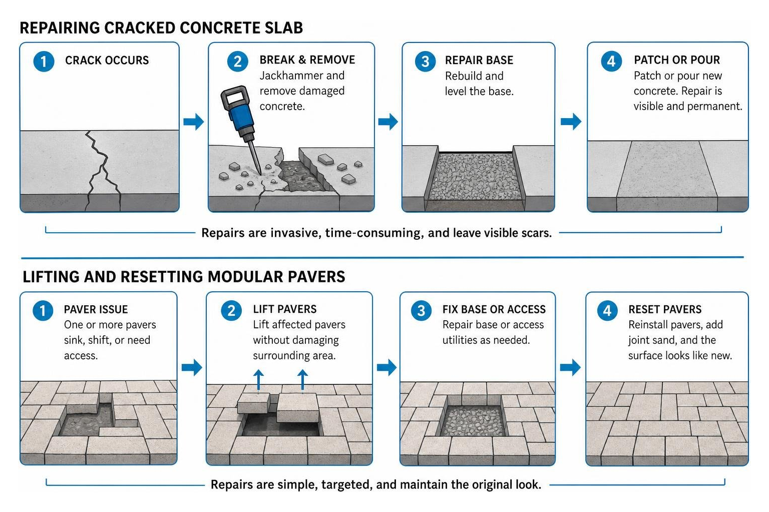 Comparison diagram of repairing cracked concrete slab versus lifting and resetting modular pavers Comparison diagram of repairing cracked concrete slab versus lifting and resetting modular pavers
