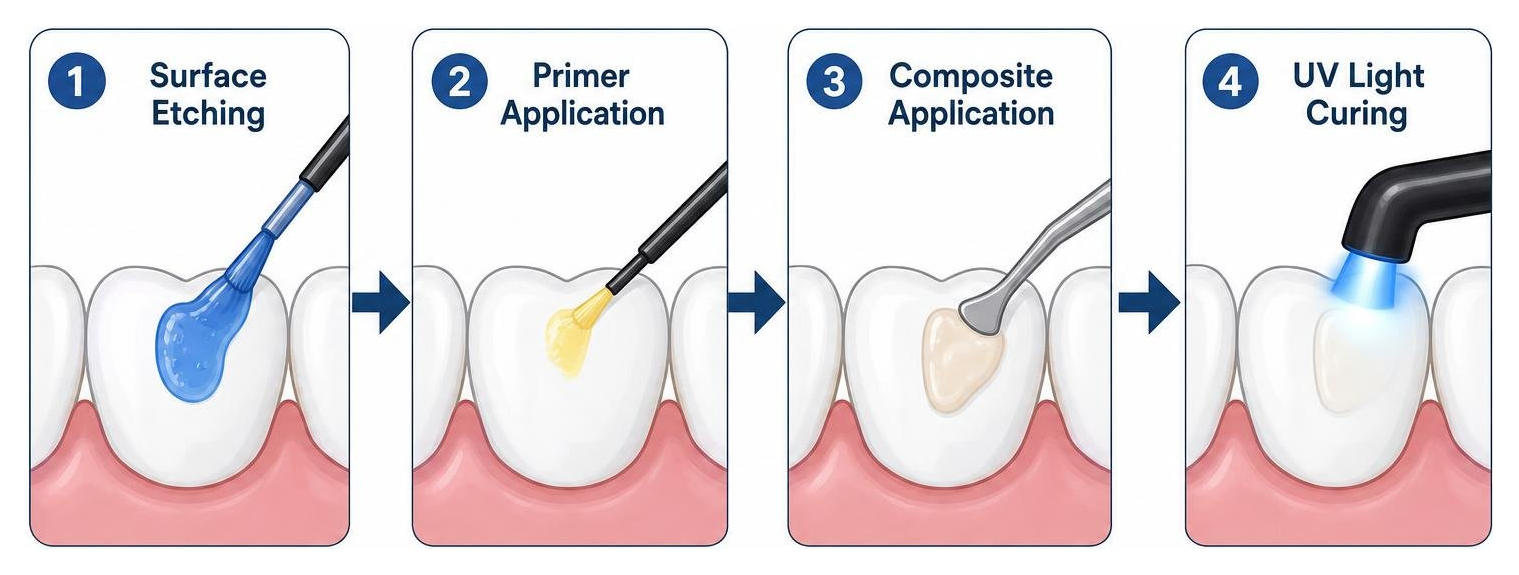 diagram showing the dental bonding process step by step from surface etching to UV light curing diagram showing the dental bonding process step by step from surface etching to UV light curing