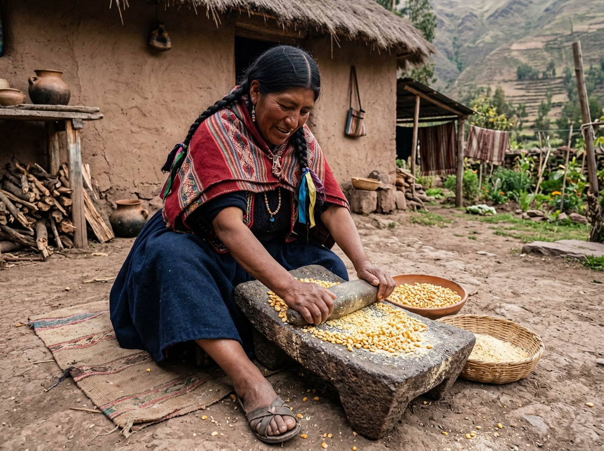 Indigenous woman grinding maize using a traditional stone metate - arepa