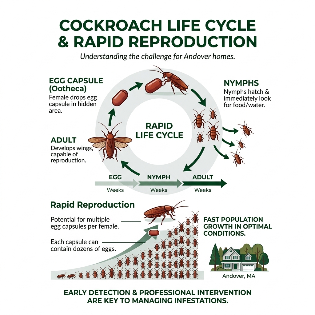 Cockroach life cycle and rapid reproduction infographic for Andover homeowners - Cockroach exterminator Andover infographic 