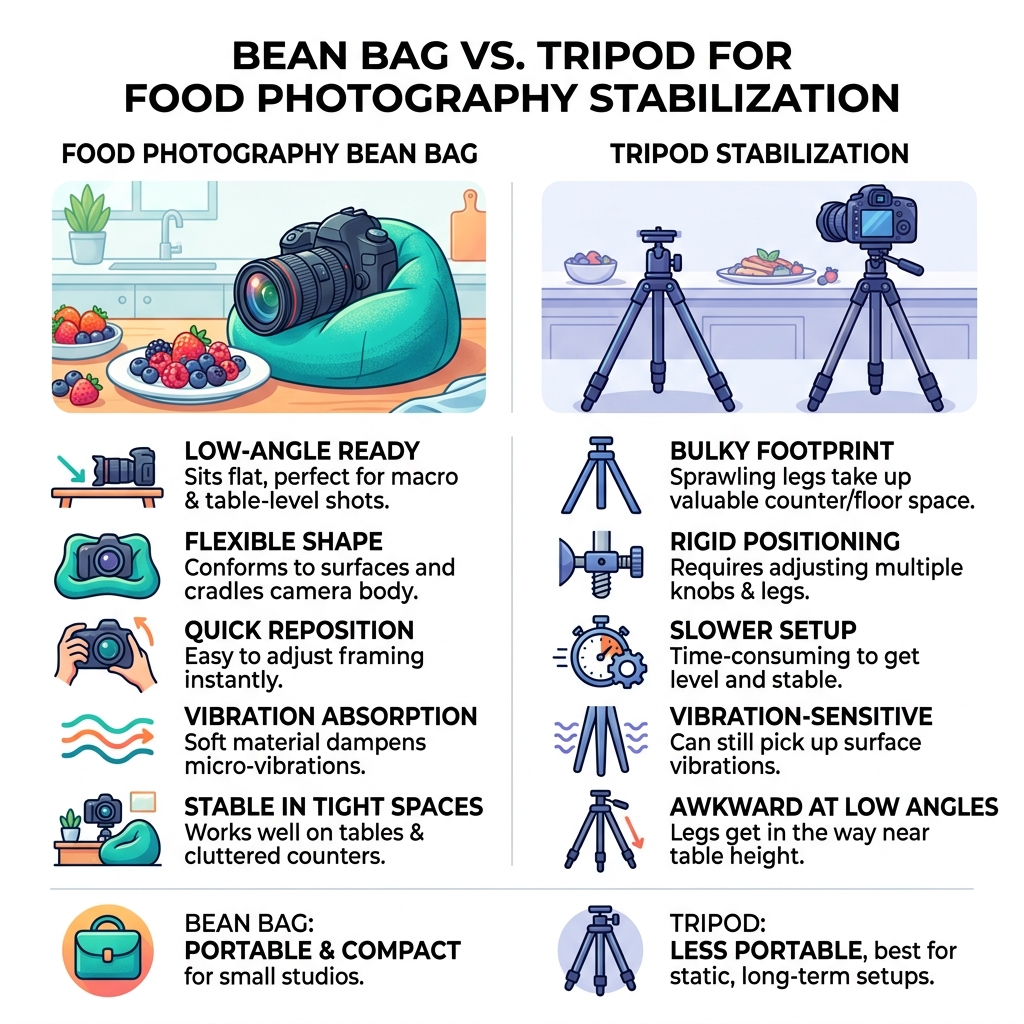bean bag vs tripod stabilization comparison for food photography - food photography bean bags infographic 