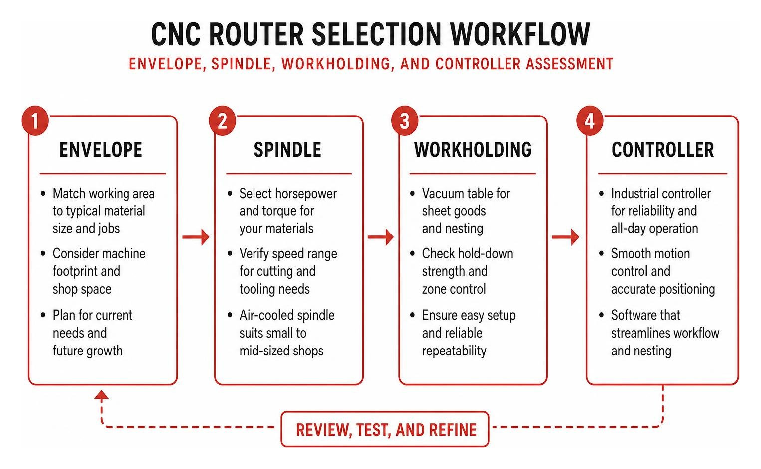 CNC Router Selection Workflow: Envelope, Spindle, Workholding, and Controller Assessment CNC Router Selection Workflow: Envelope, Spindle, Workholding, and Controller Assessment